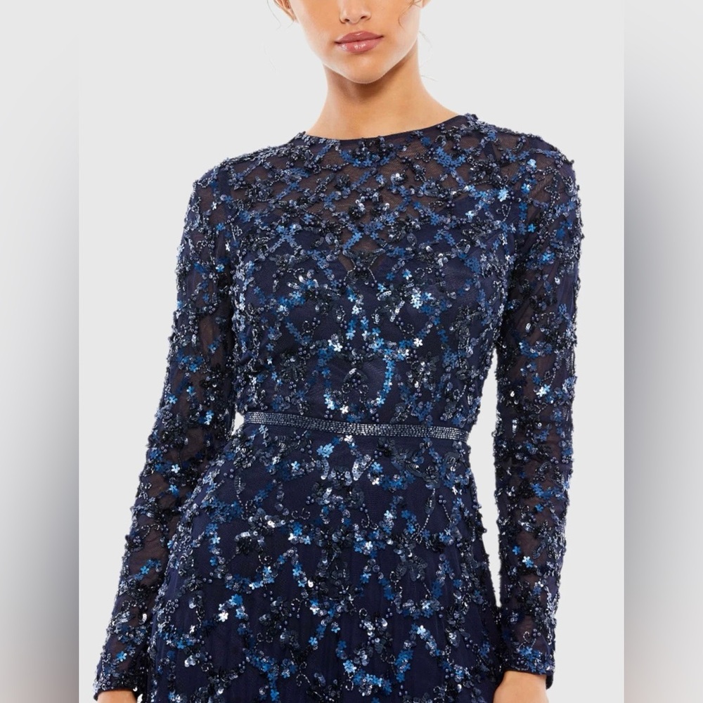 MAC DUGGAL Embellished Illusion High Neck Long Sleeve A Line Gown Navy blue - Picture 3 of 16